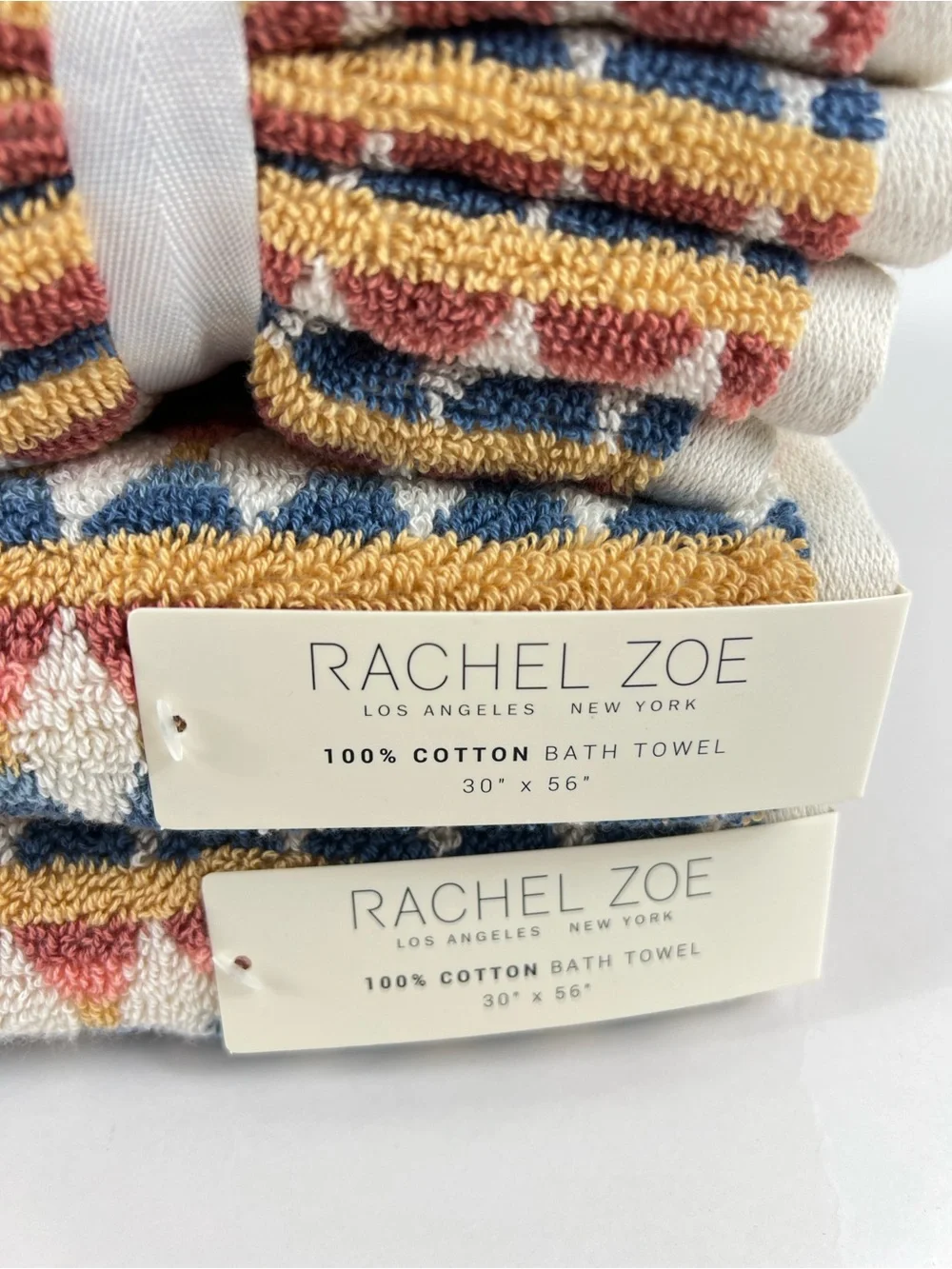 Rachel Zoe Geometric Bath Towel Set Blue Rust Cream 100% Cotton 8 Pc NEW